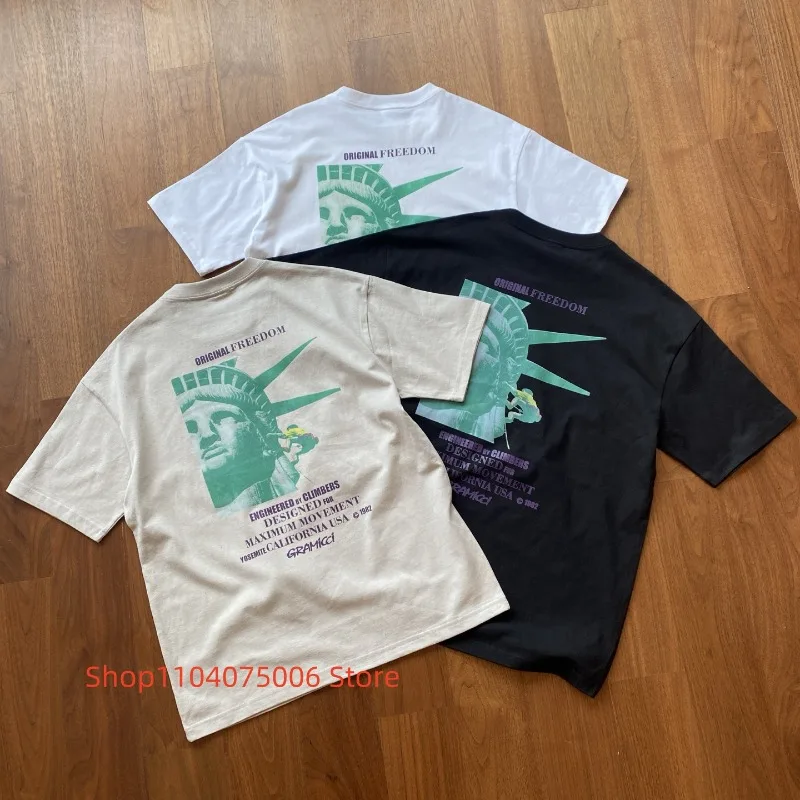 Casual Loose Fit Men T-Shirt Gramicci Back Statue Liberty Print Solid Color Oversized Cotton Tees