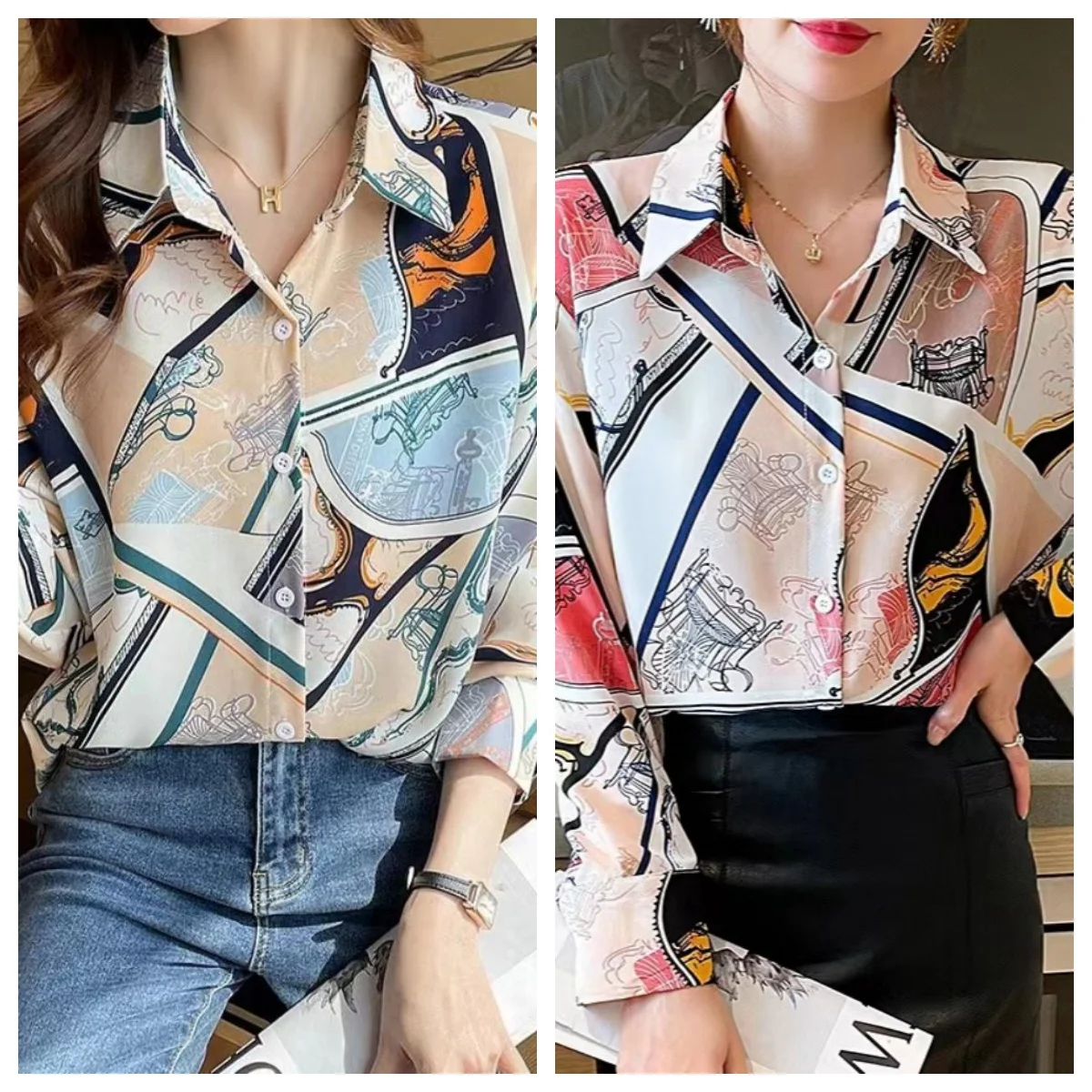 

Женский шифоновый кардиган на пуговицах, элегантная рубашка с длинным рукавом-фонариком, отложным воротником и геометрическим принтом, весна-осень