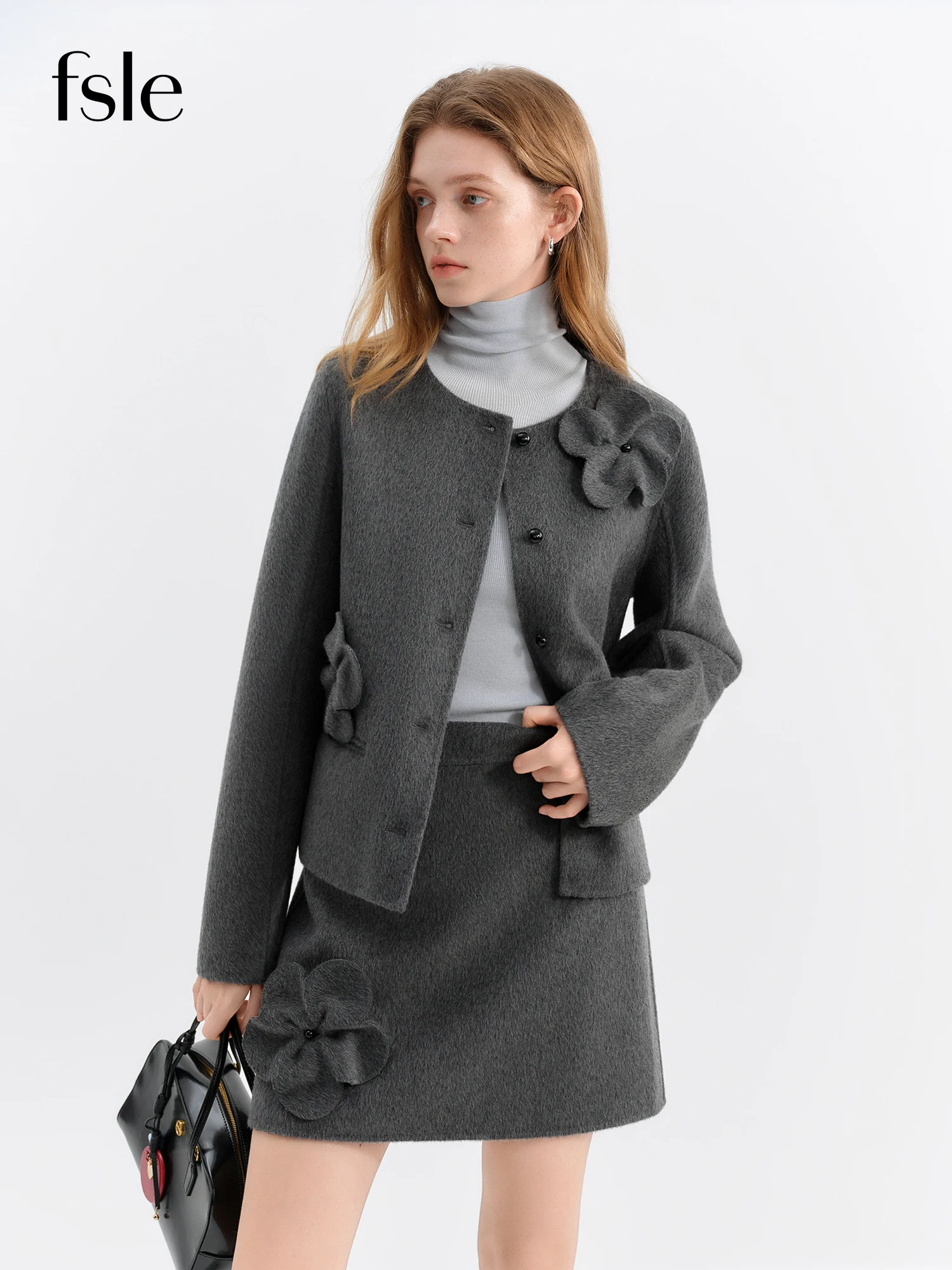 FSLE 2025 Winter Women Short Wool Blend Coat Set with 3D Floral Pattern - Elegant Two-Piece Outerwear for Casual and Date Nights