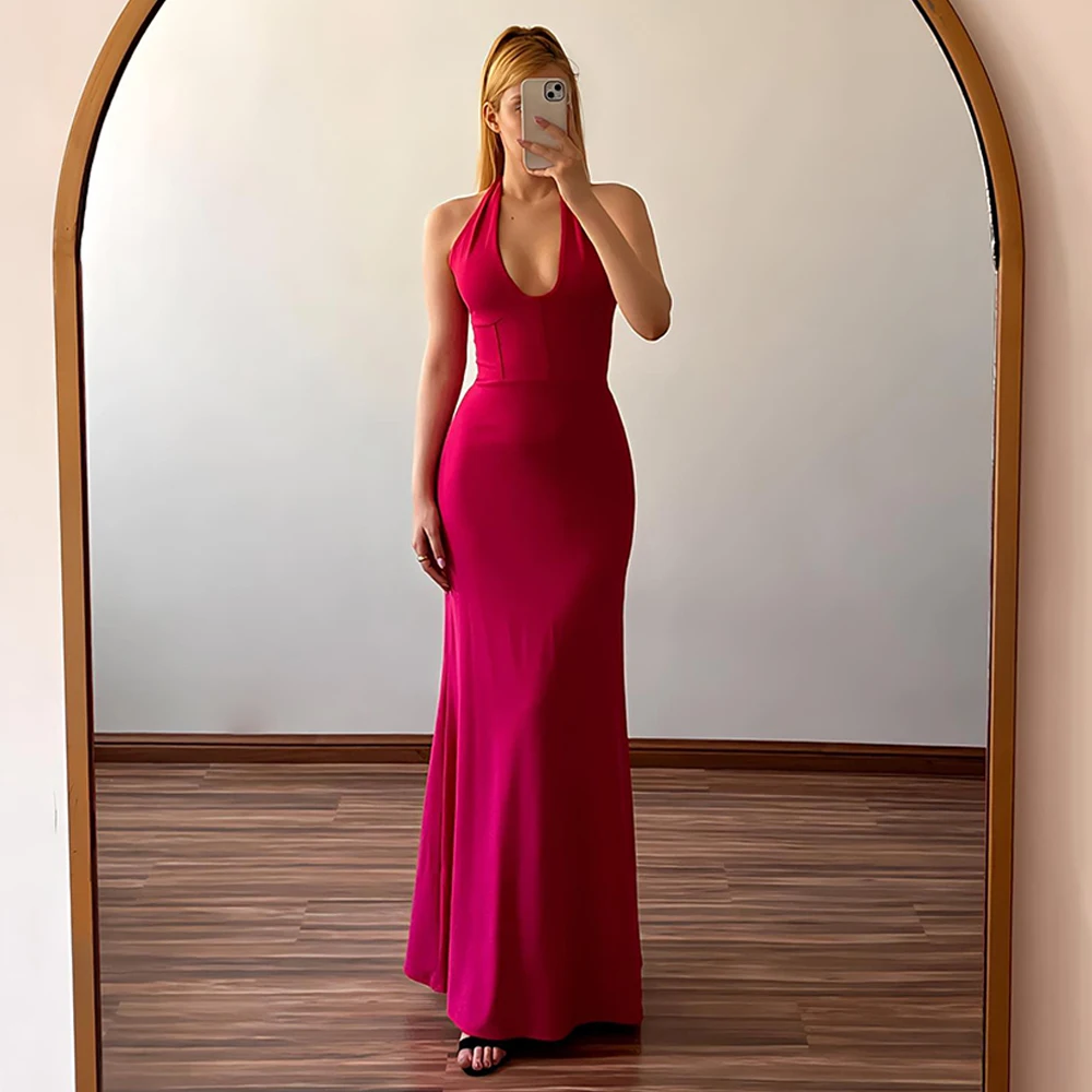 

Hot Pink Bridesmaid Dresses for Women Halter Trumpet/Mermaid Bridesmaid Gowns Long Sleeveless Floor Length Spandex Party Dresses