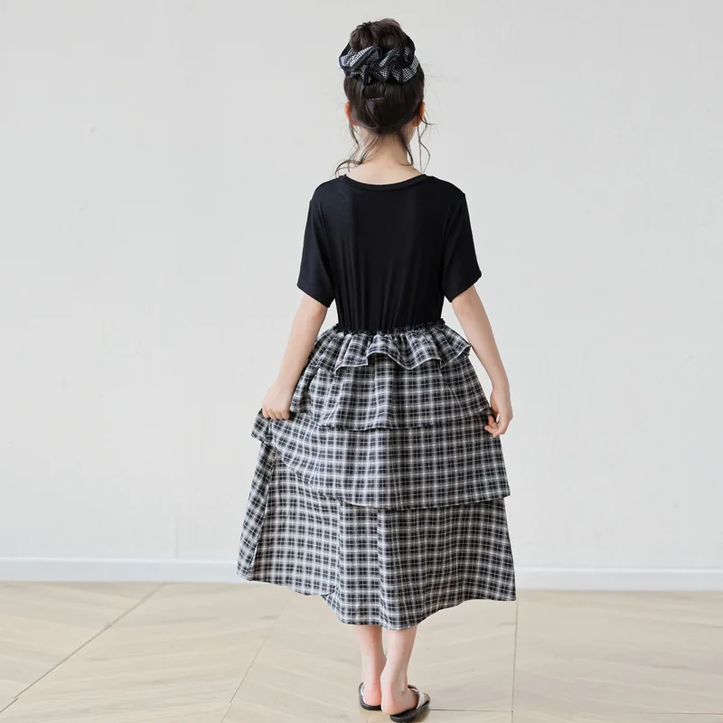 Girls Plaid Patchwork Tiered Dress Short Sleeve Casual Dress Kids Summer Outfit for School Weekend Outings Birthday Parties Wear