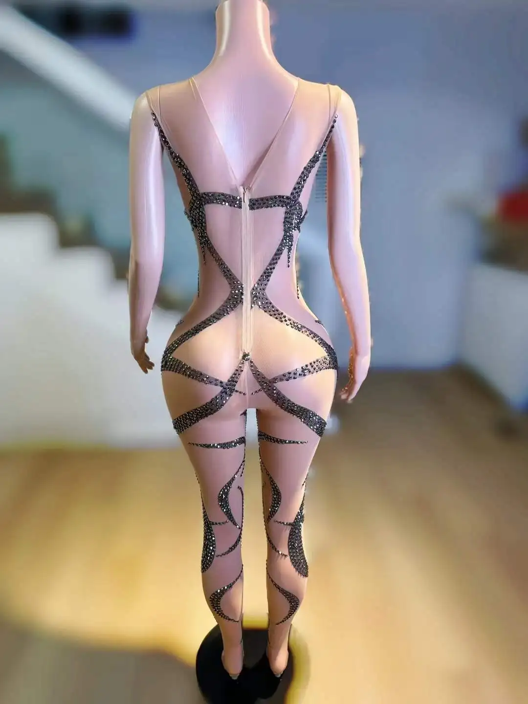 Bez rękawów czarne wzór ognia kombinezony z kryształami górskimi dla kobiet seksowne tańce na rurze nocne klubowe Drag kostium królowej 2024