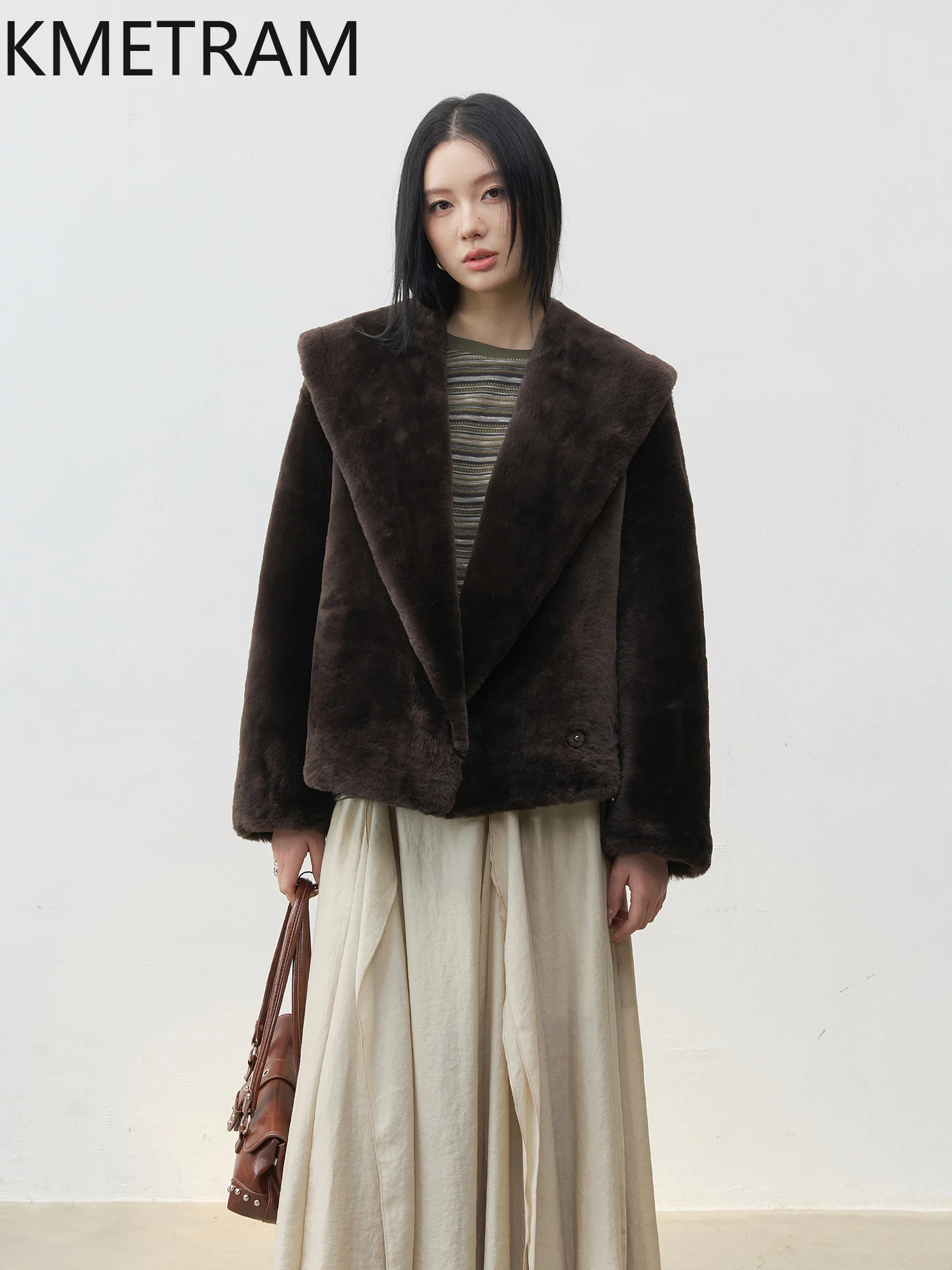 سترة KMETRAM من جلد الغنم ميرينو الطبيعي مع طية صدر السترة المرفقة من الصوف سترة قصيرة من الفرو الحقيقي ملابس نسائية شتوية جديدة في معاطف شبابية نسائية #4