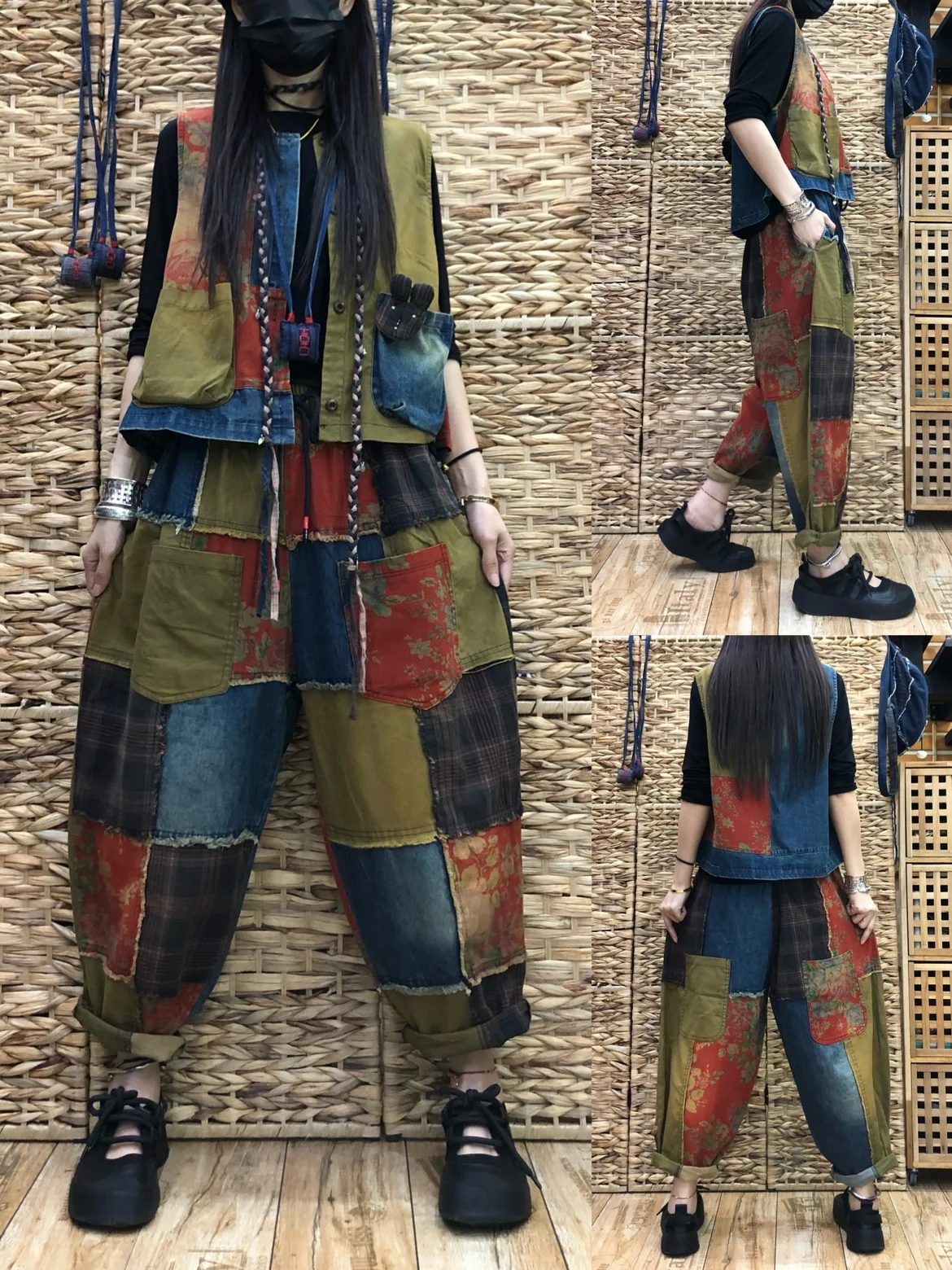 

Printed Cotton Linen Loose round Neck Vest And Harlan Pants Two Piece Set for Women Retro Splicing Spring Style Casual Wear