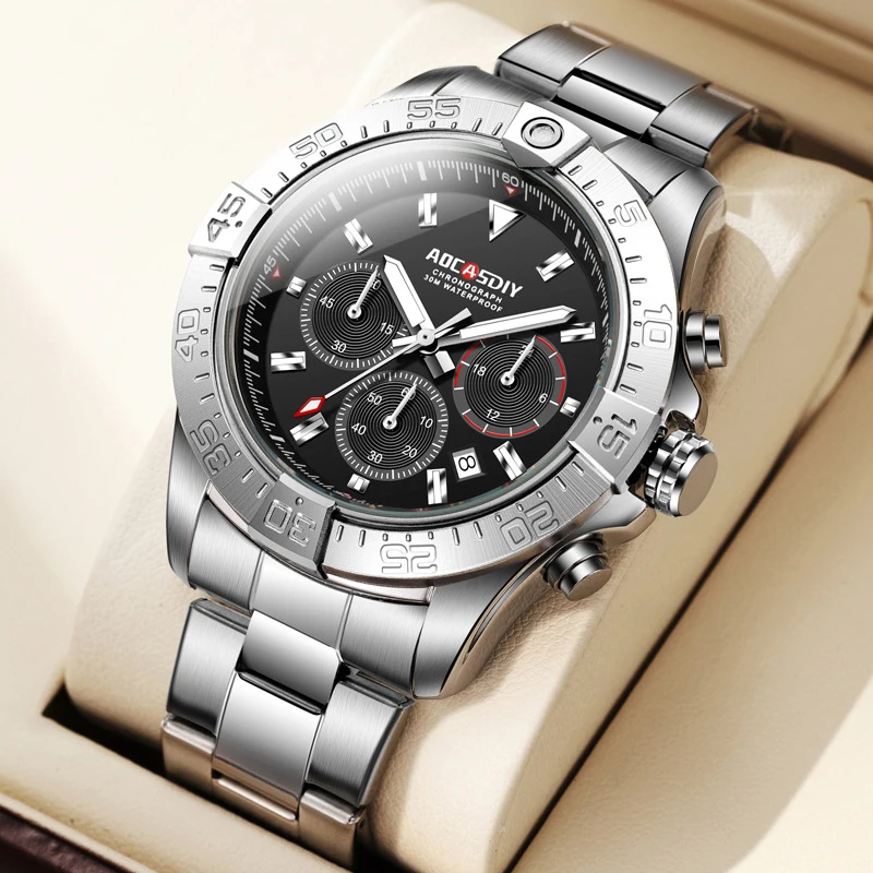 Men Watch Fashion Trend Waterproof Luminous Calendar Three Eye Six Pin Steel Strip Business Casual Quartz Watch Watches for Man