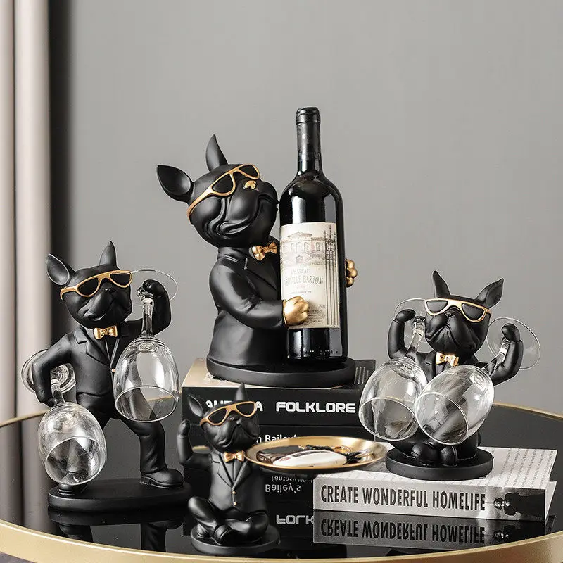 Home Decoration Animal Figurines Wine Holders Resin Craft Bulldog Statue Wine Bottle Holder Desk Table Champagne Rack Room Decor