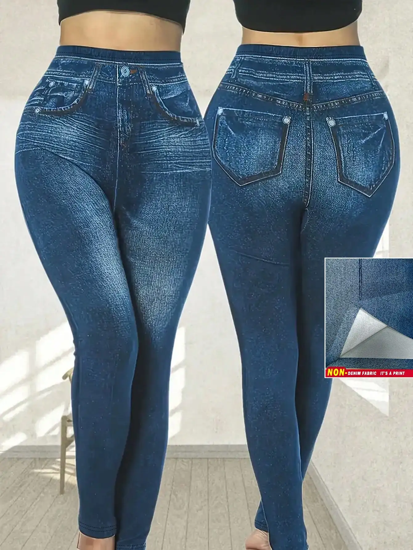 

Женские узкие брюки с джинсовым принтом больших размеров, сексуальные леггинсы с высокой талией и карманами, эластичные искусственные джинсы