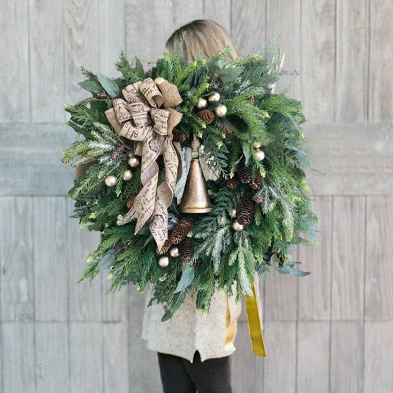 

Farmhouse Christmas Wreath With Bells Door Pine Cone Decoration Artificial Geen Plants Simulation Flower Vine New Year Garland