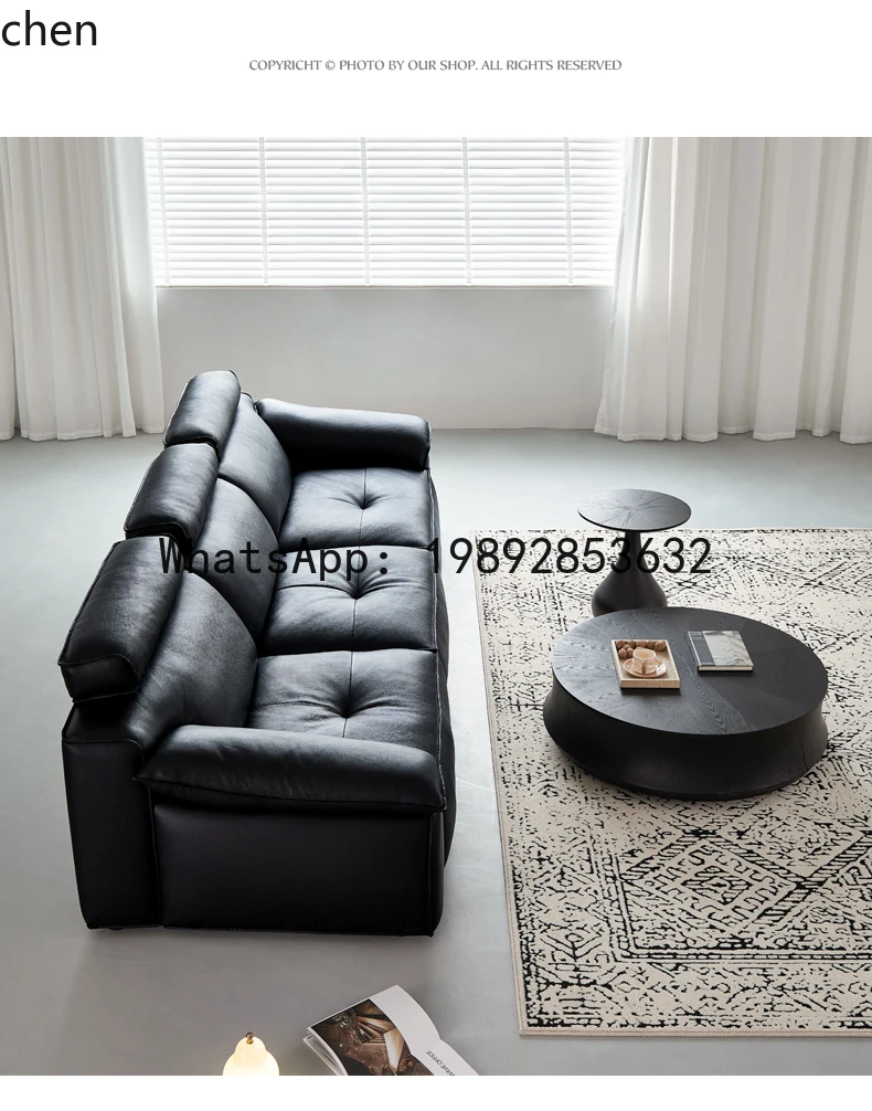 sofa leather living room straight row black high-end first-layer cowhide sofa