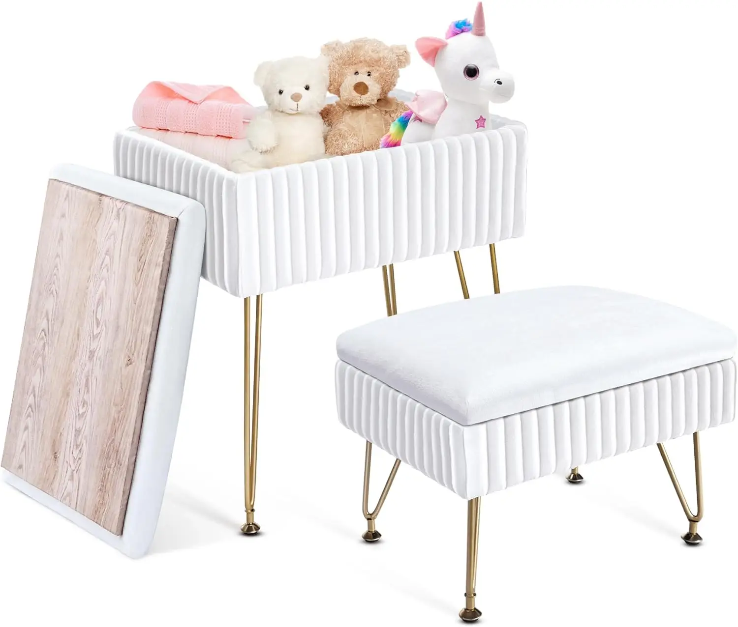 

Vanity Stool Chair With Storage, 2 Pa Rectangular Footrest Footstool Ottoman With Metal Legs & Anti-Slip Feet, Soft Velvet