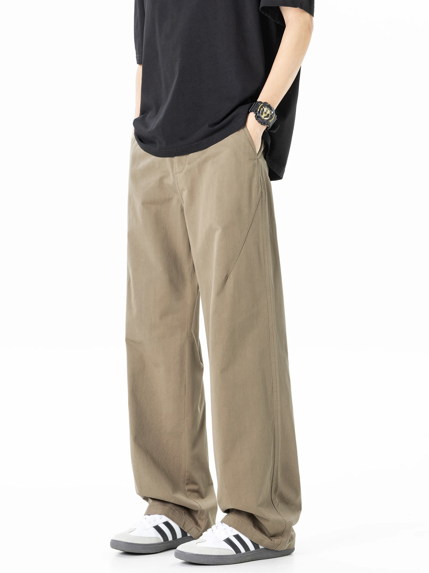 

Trendy Retro Straight Leg Work Pants Men's Loose Fit Casual Wide Leg Long Trousers Pure Color American Street Sle