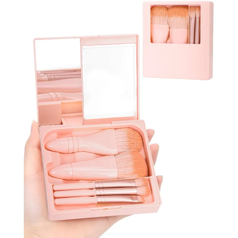 5 in1 Makeup Brushes Mini Set with Hard Case and Built-in Mirror, On the Go Brush Travel Essentials (Light Pink)
