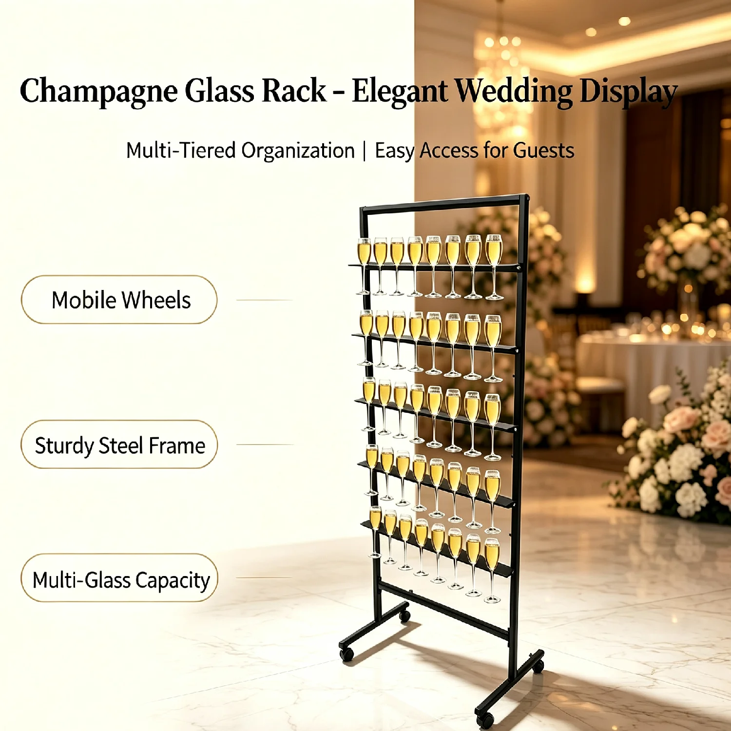 Champagne Glass Holder with 4 Wheels, 5-Tier Metal Champagne Flutes Display Stand, Stem Glass Rack with Swivel Casters for Party