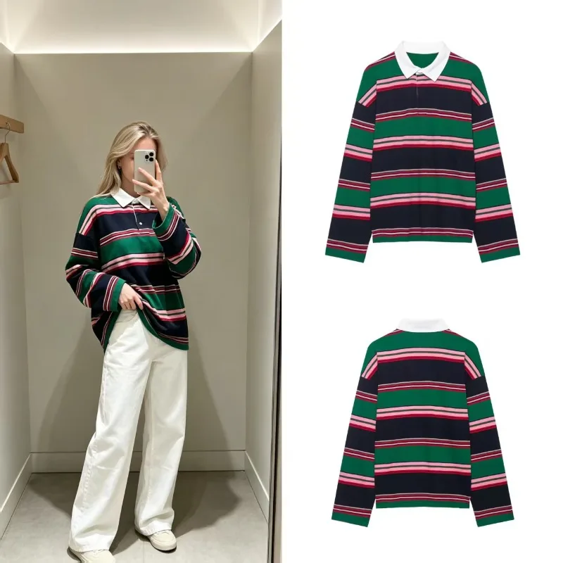 Women S 2026 Fall New Minimalist Style Colorful Striped Long Sleeve Polo Neck Pullover Knit Top Casual Fashion