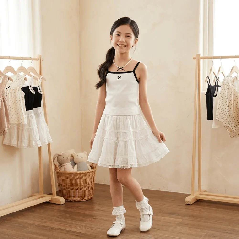 Ribbed Knit Girls Camisole Top Spaghetti Straps Contrast Trim Cropped Vest Soft Fabric Straight Hem Sleeveless Top Summer Wear