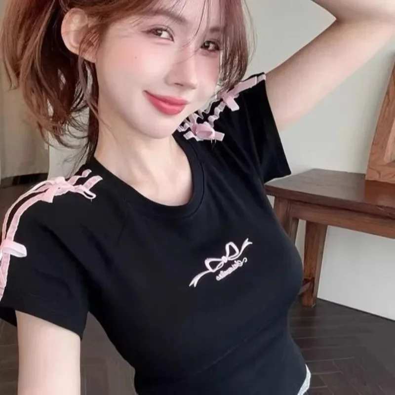 

American Retro Pure Cotton Skinny Crop Top Korean Fashion Side Striped Cute 3D Butterfly Knot Short Sleeved T-shirt Sexy Girls