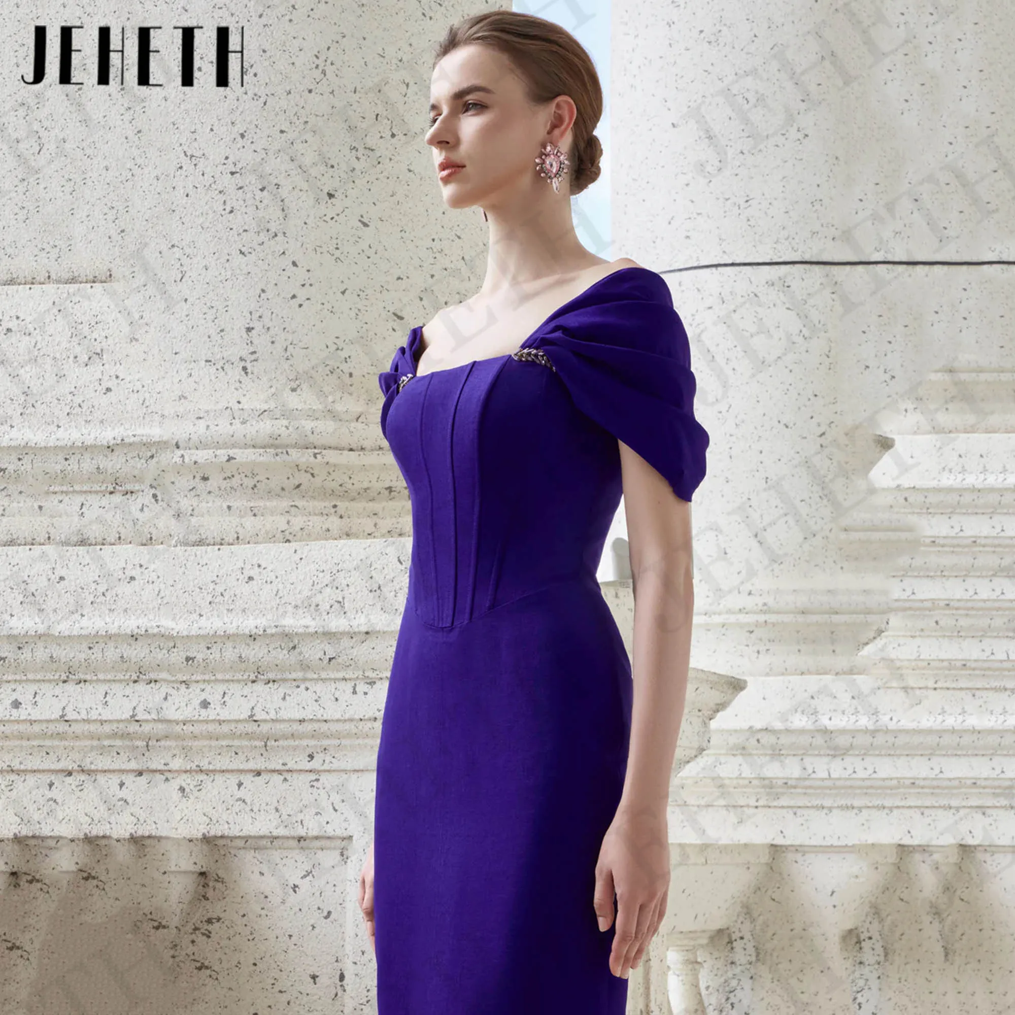 JEHETH Elegant Off The Shoulder Evening Dress فساتين سهرات Purple Mermiad Stretchy Soft Satin Banquet Party Dress Floor Length