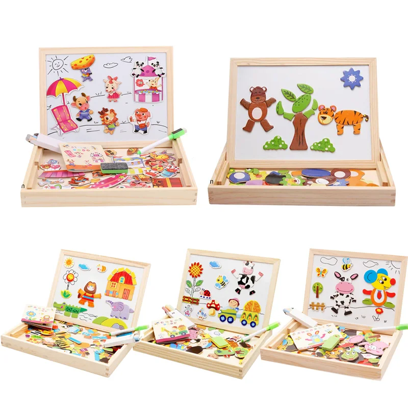 Children Wooden Multifunction Animal Puzzle Drawing Toy Board Blackboard Magnetic Writing Kids Learning Education Toys TMZ