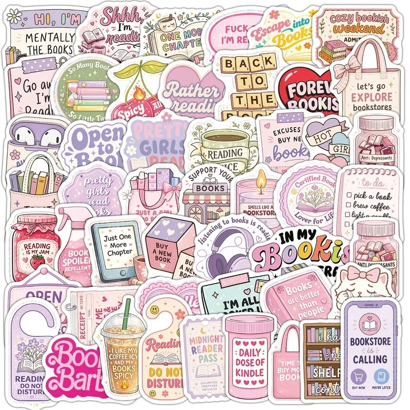 50Pcs Cute Bookish Stickers Reading Books Decals For Laptop Scrapbook Skateboard Helmet Suitcase DIY Aesthetic Stickers