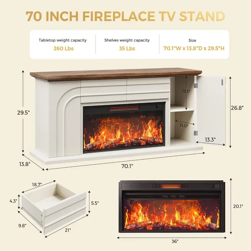70 Farmhouse Fireplace TV Stand with 36 Fireplace White