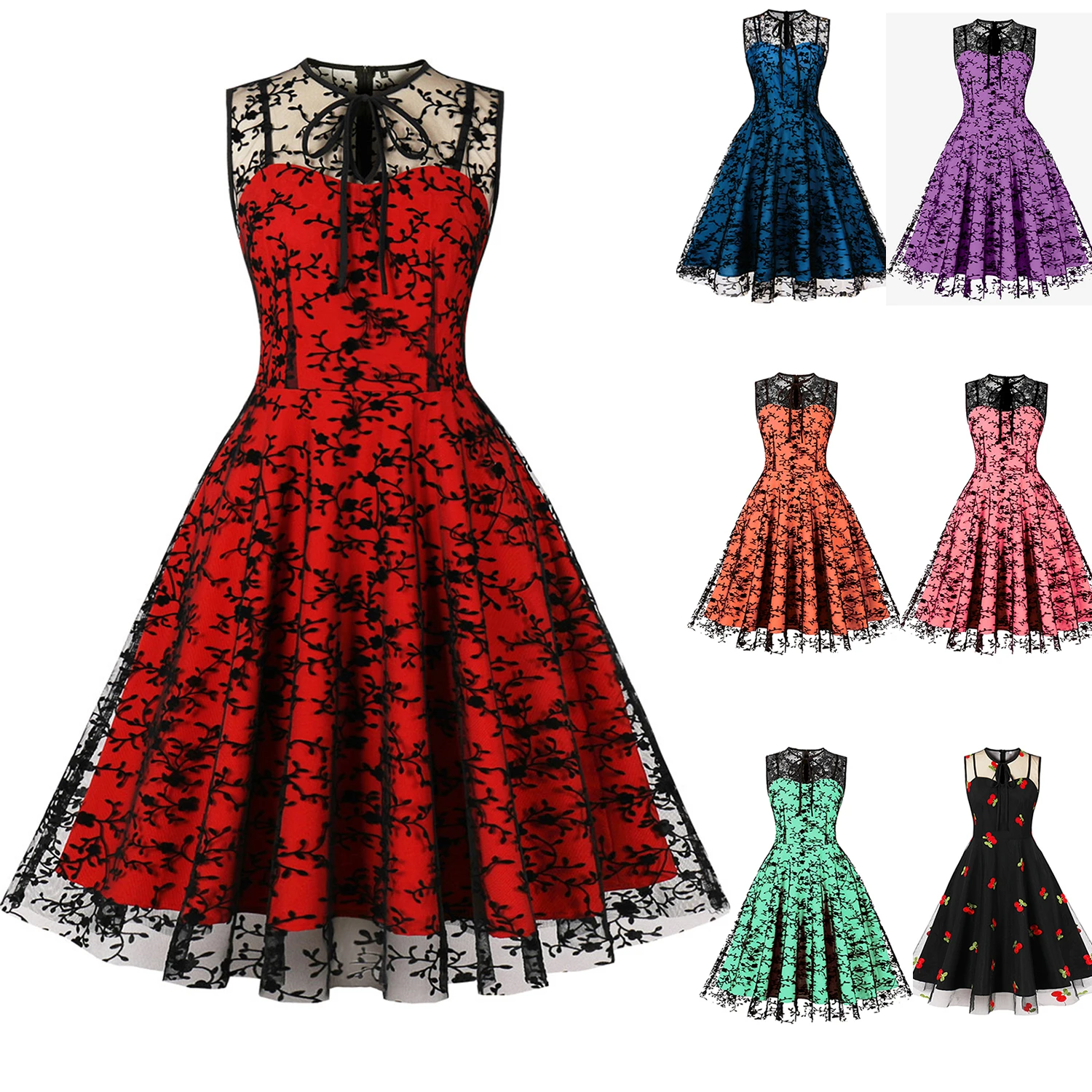 

Women's Vintage O Neck Bow Embroidery Swing A Line Dress Cocktail Party Retro Dresses
