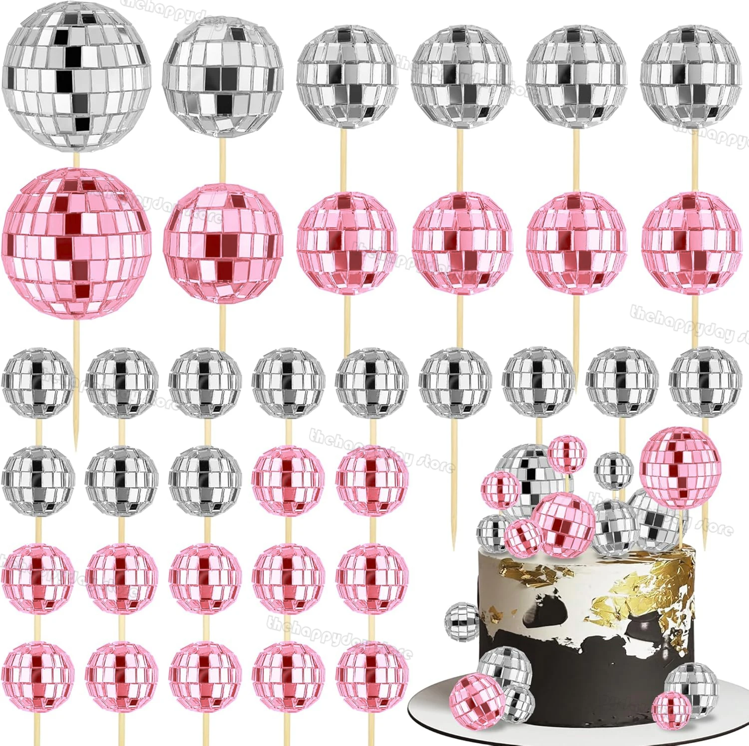 Discokugel-Kuchendekoration Rosa Silberne Spiegelkugel-Kuchendekoration für Disco 80er Jahre Themenparty Geburtstag Hochzeit Cupcake-Topper