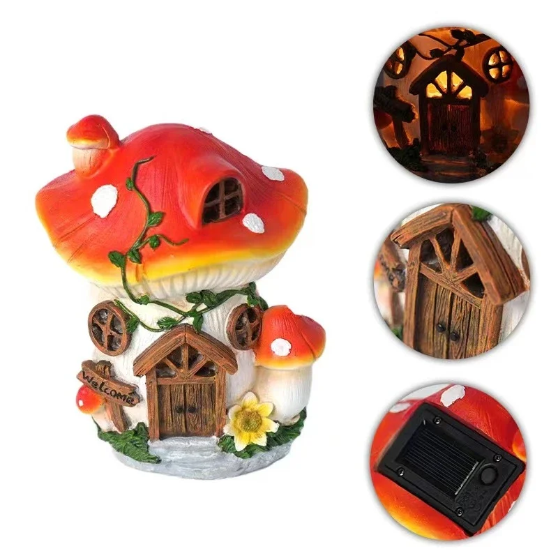 

Home Outdoor Decoration Fairy Garden Mushroom House Solar Balcony Garden Lawn Light Waterproof Household Resin Ornament Gift