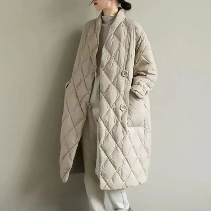 

2022 Winter New Women's Solid Color Light Cotton Coat Jacket Stand Collar Loose Warm Mid-length Cotton Coat