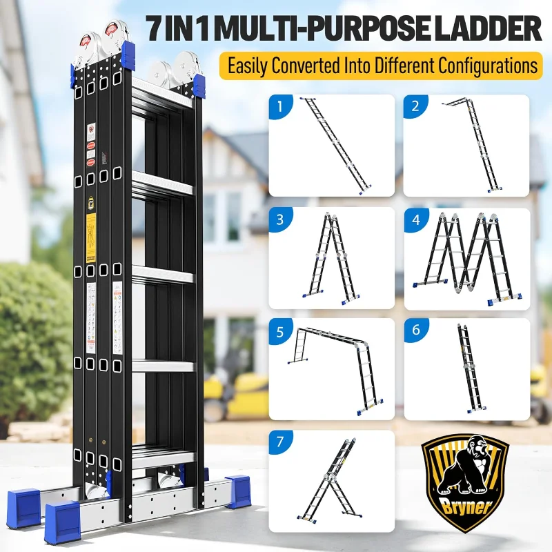 Bryner Step Folding Ladder 19.6ft Multi-Purpose Aluminium Extension Ladders, 7 in 1 Folding Adjustable Telescoping Step Ladder