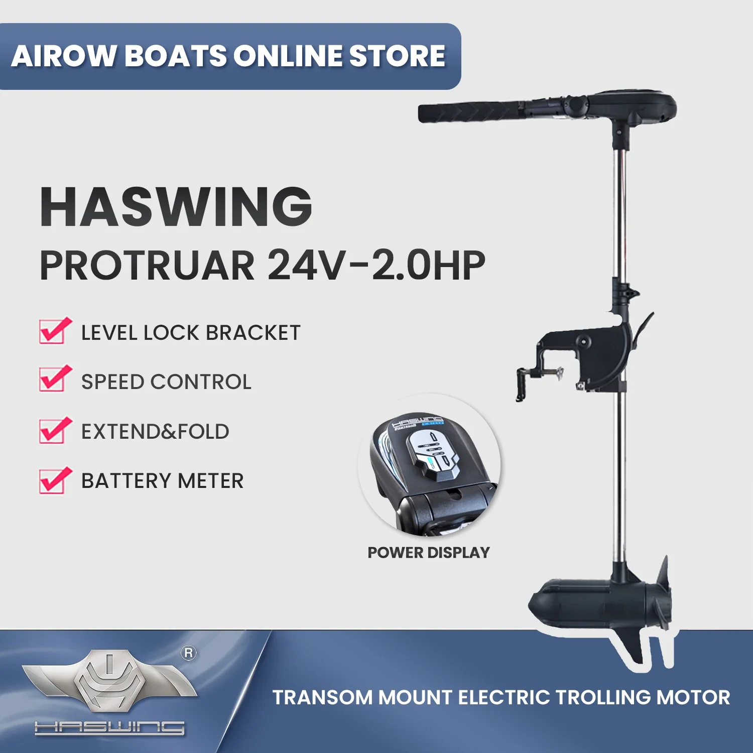 

Haswing Protruar 2HP 900mm Transom Mount 85lbs Electric Trolling Motor DC24V 960W( Brushless Motor) 50745-90