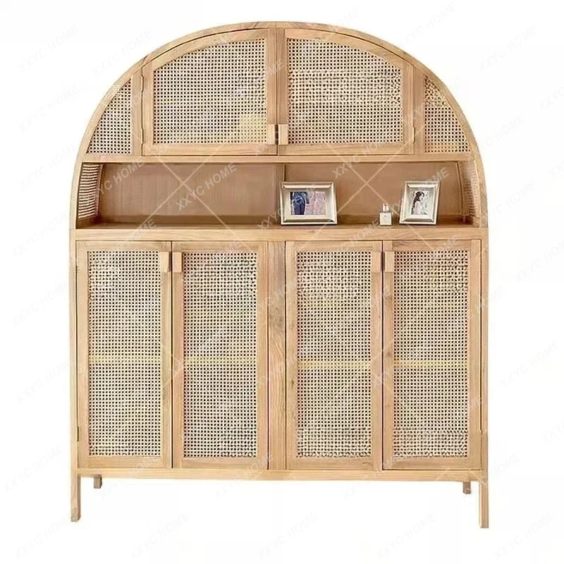 

LJYrattan living room dining side cabinet, creative semi-round solid wood rattan surface locker