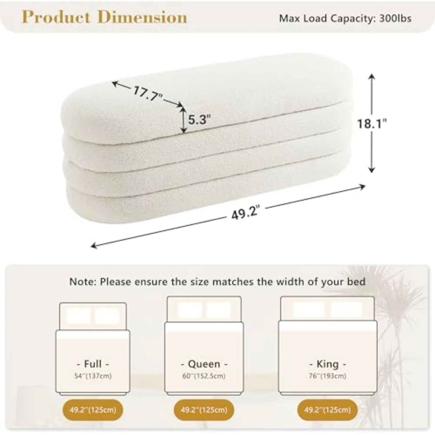 Boucle Storage Ottoman Bench for Bedroom 49.2 Inch Upholstered(Ivory)