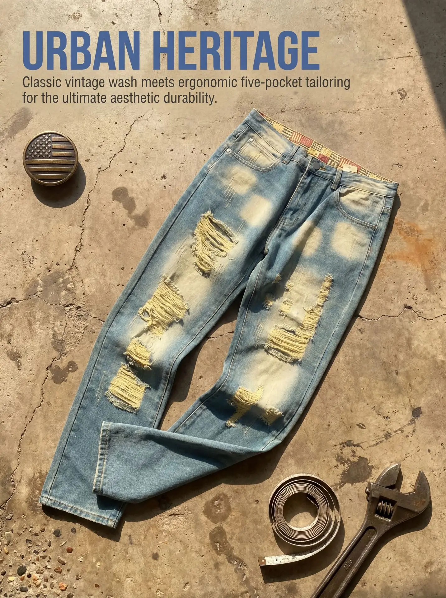 Men's Blue Denim Pants Trendy Vintage Trend Distressed Washed Y2K Youth High Quality Selection