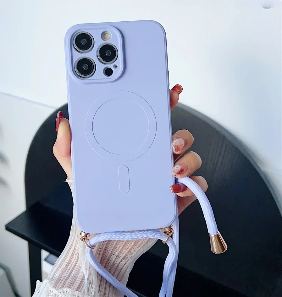Custodia magnetica in silicone liquido con cordino a tracolla per iPhone16 15 Pro Max 14 13 12 11 Collana per copertura di ricarica wireless Magsafe