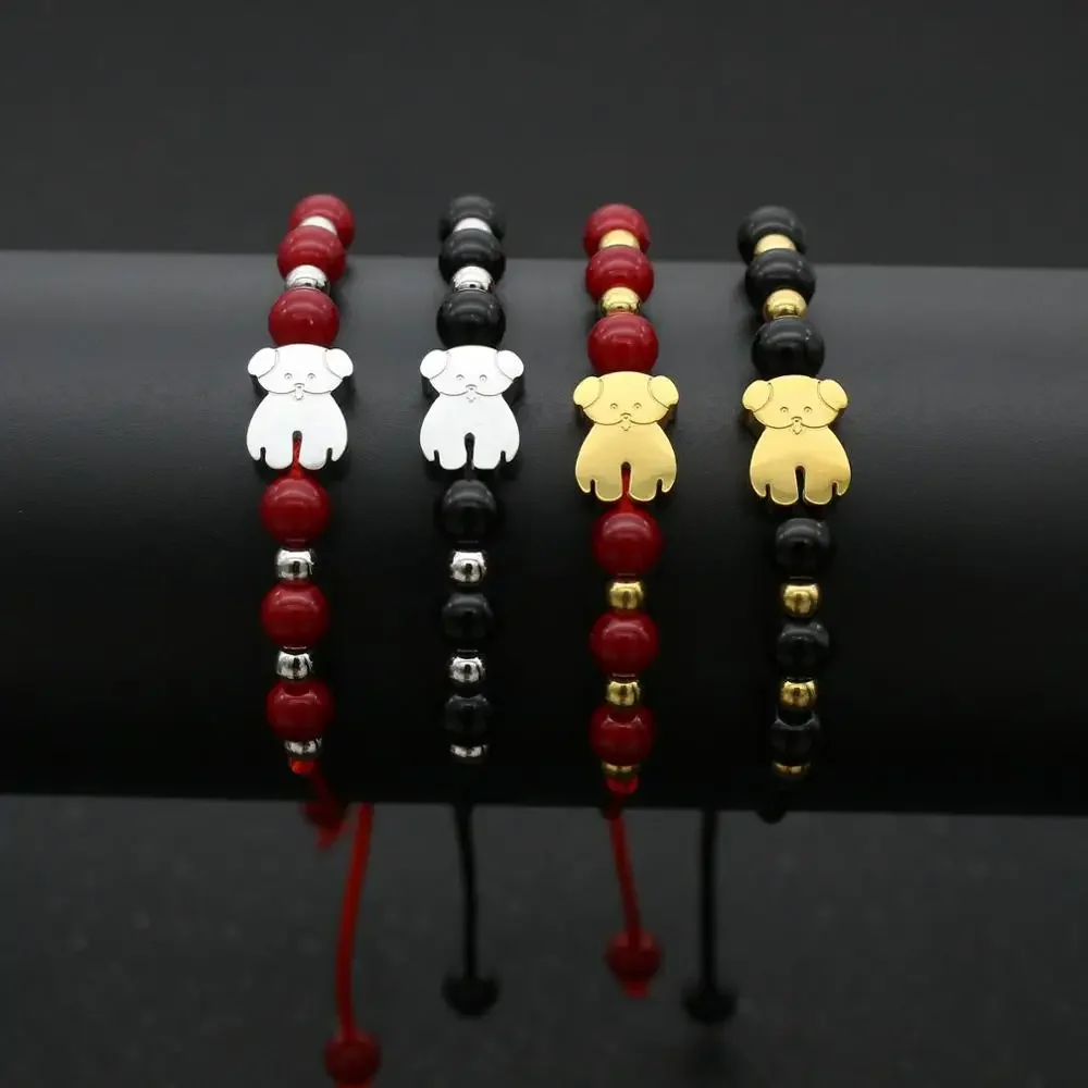 Pulseras de oso de acero inoxidable para hombres y mujeres, pulsera de la Amistad trenzada de hilo con cuentas hechas a mano, piedra Natural, joyería de pareja