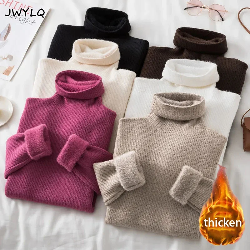 New Winter Warm Velvet Turtleneck Sweaters Women Korean Casual Snow Wear Slim Sweater Thicken Solid Elastic Knitted Pullover Top