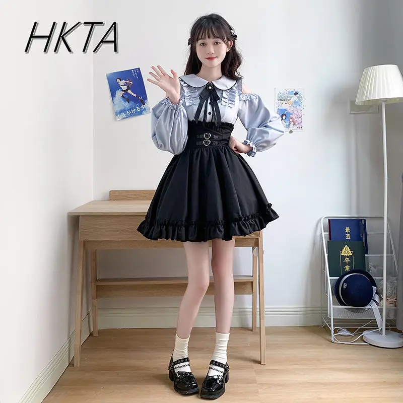 Mijn Japanse Lange mouwen Rok Set Meisje Lolita Off-shoulder Blouse Hoge Taille Nauwsluitende Zwarte Ruche korte Rok Pak