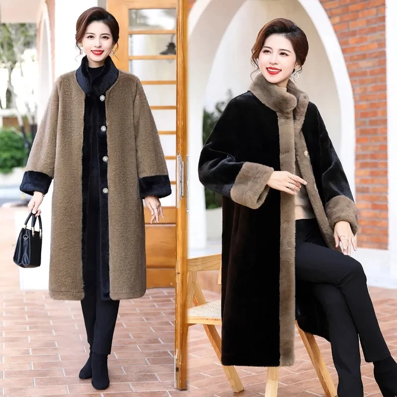 High-quality Autumn Winter Mother\'s Fur One Piece Imitation Gold Mink Fleece Long Coat Noble Women Temperament Women Fur Jacket