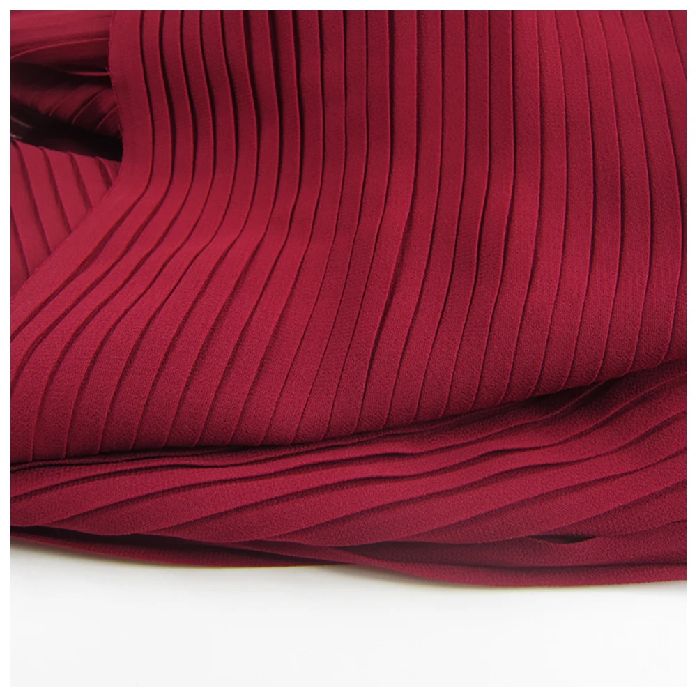 Wine Red Pleated Pearl Chiffon Fabric Ruffled Cloth Dress Clothing Craft Sewing Materials 150CM 59