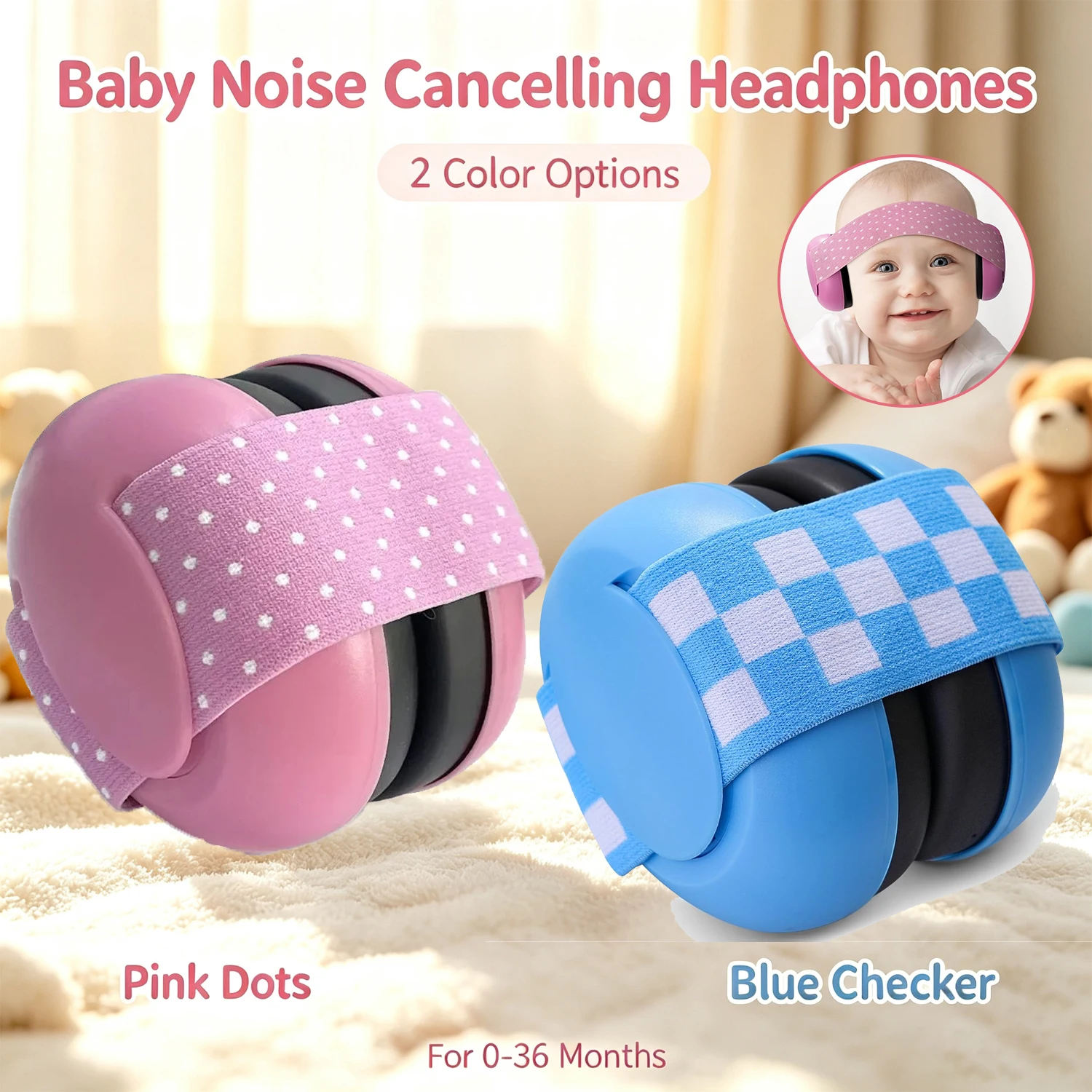 Baby Ear Protection Noise Cancelling Headphones for Newborn Infants 0-24 Months, Adjustable Elastic Headband Earmuffs for Sleep