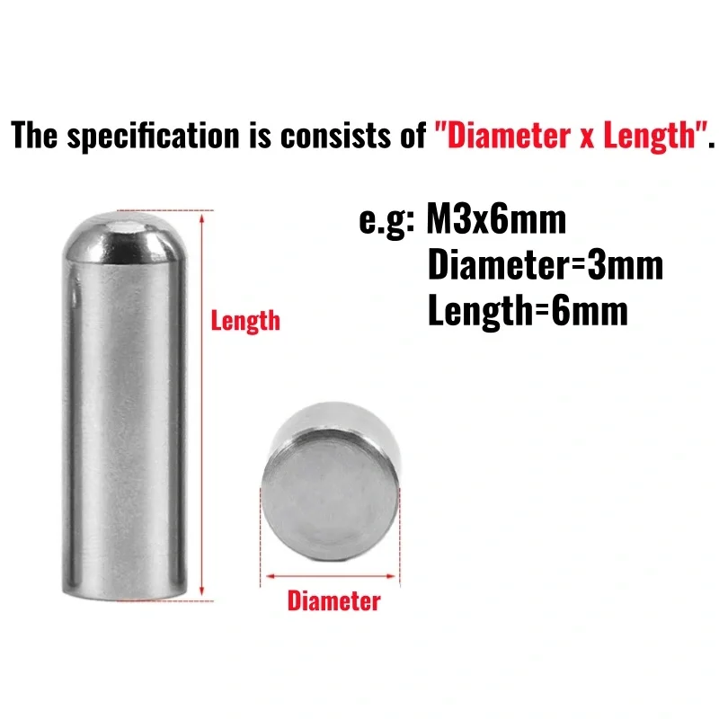 M1~M2.9 Solid Round Head Cylindrical Pin 304 Stainless Steel Locating Dowel Fixed Shaft Rod Length 4mm~30mm