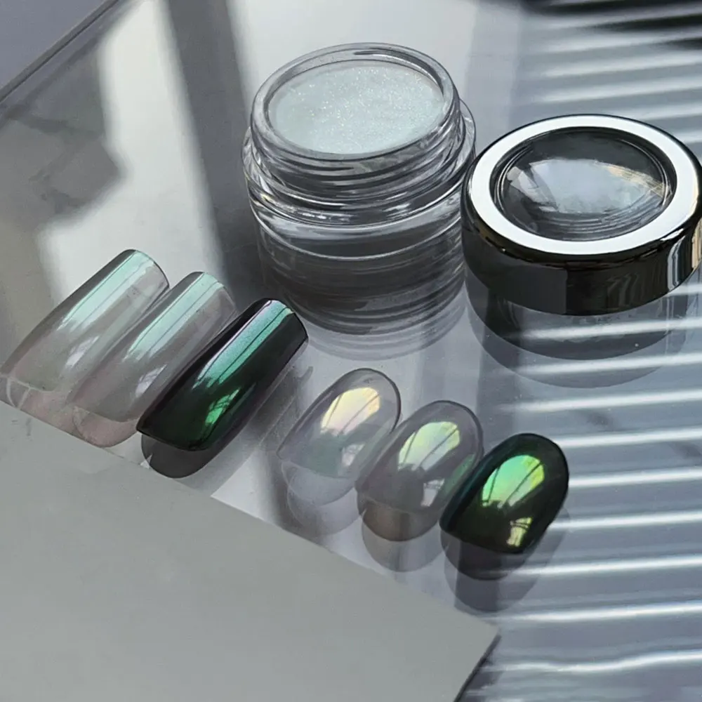 1Jar 0.2 جرام ضوء القمر مرآة معدنية كروم مسمار مسحوق الجليد شفافة حورية البحر مسمار بريق أورورا قوس قزح AB مسمار الفن الصباغ *