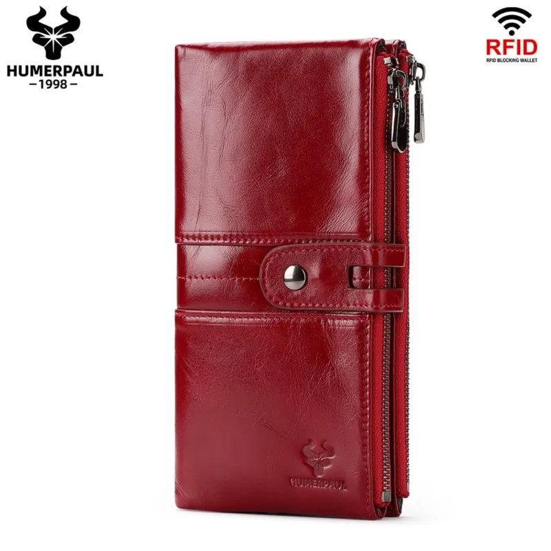 Luxury Genuine Leather RFID Blocking Long Wallet for Women High-End Multi-Slot ID Card Holder Large-Capacity Phone Clutch Bag
