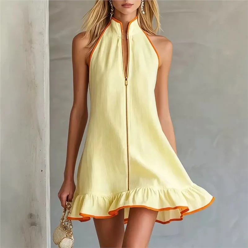 2026 Neues Sommerkleid mit Neckholder, Ärmellos, Kontrastfarben-Splicing, Einzigartig, Modisch, Bequem, Schlicht, Vielseitig, Vestidos