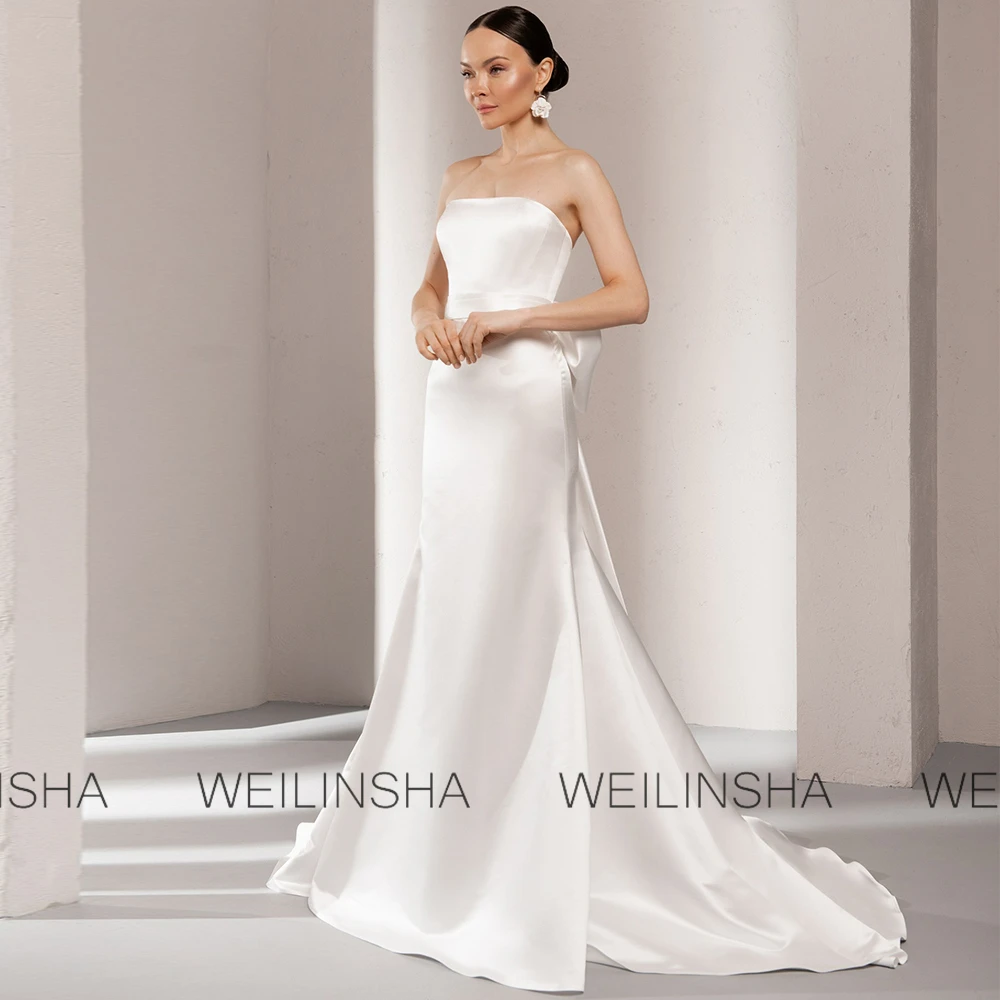 Dreamy Wedding Party Dresses Satin Sheath/Column Women's Wedding Dresses Long White Strapless Ruffles Sashes Bow Wedding Dresses