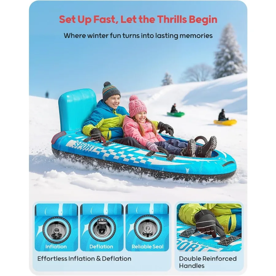 2-Person Inflatable Snow Sled with Premium Canvas Cover, Heavy Duty Sled with Backrest & Reinforced Handles, Snow Tubes for Kids