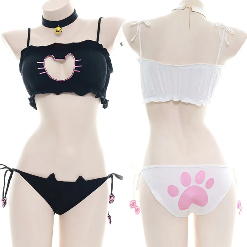 Conjunto de Sutiã e Calcinha Cosplay de Gato Anime Japonês, Lingerie Sexy Vazada Estilo Kawaii Lolita, Biquíni Fofo com Pata de Gato e Mini Sino para Praia de Verão