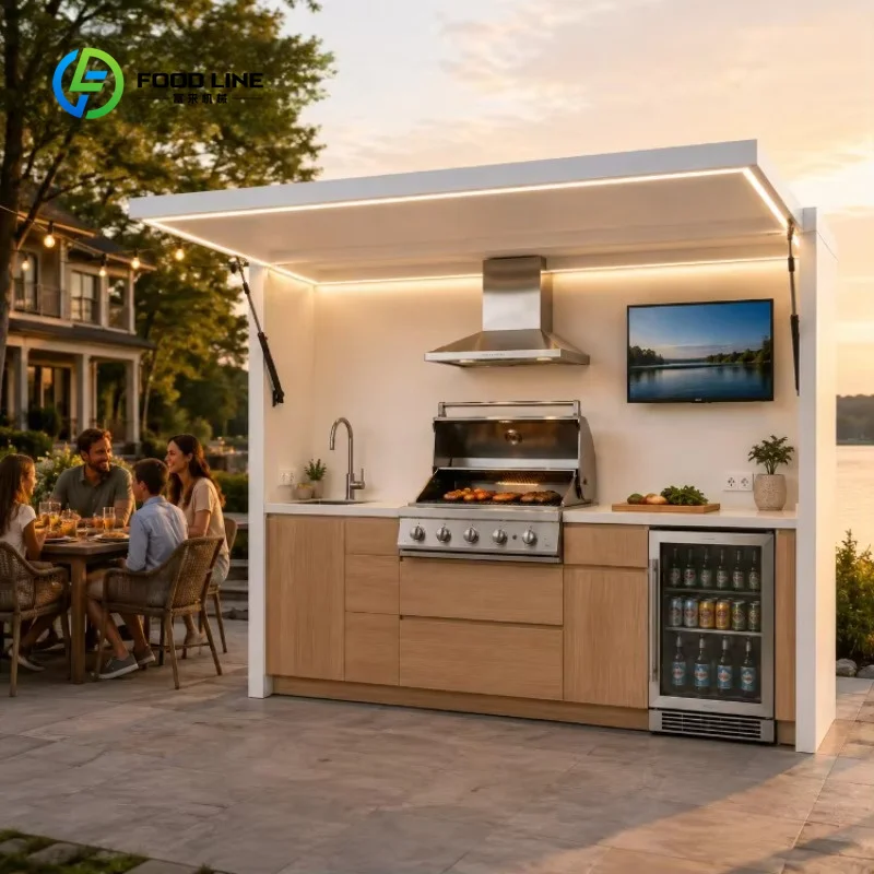 Customized Outdoor Kitchen Island with Stainless Steel Cabinets BBQ Grill Sink for Restaurant Terrace Installations