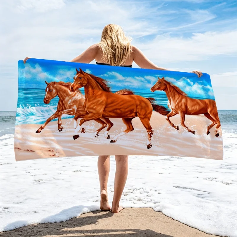 Newest Beach Towel Three Brown Running Horse Seaside Blue Sky Print Quick Dry Beach Towel Western Vacation Bath Towel