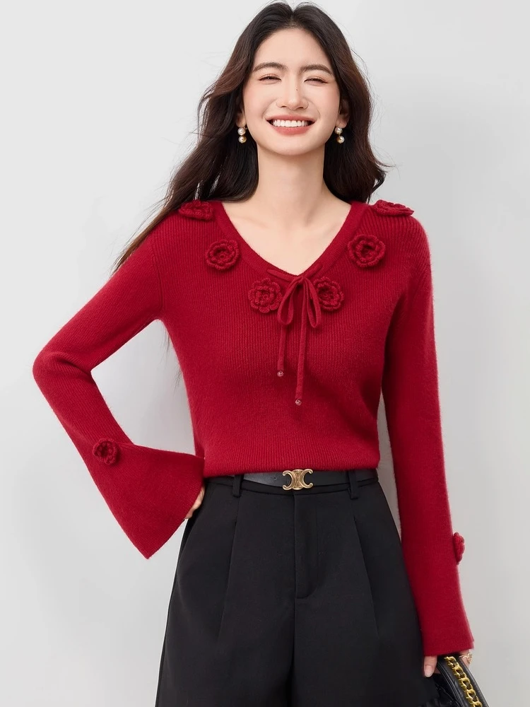 

SENTUBILA Women's Knit Pullover Sweater 2025 Winter 3D Rose Romantic Elegant V-Neck Crochet Bead Lace-Up Wool Top W54EG3951